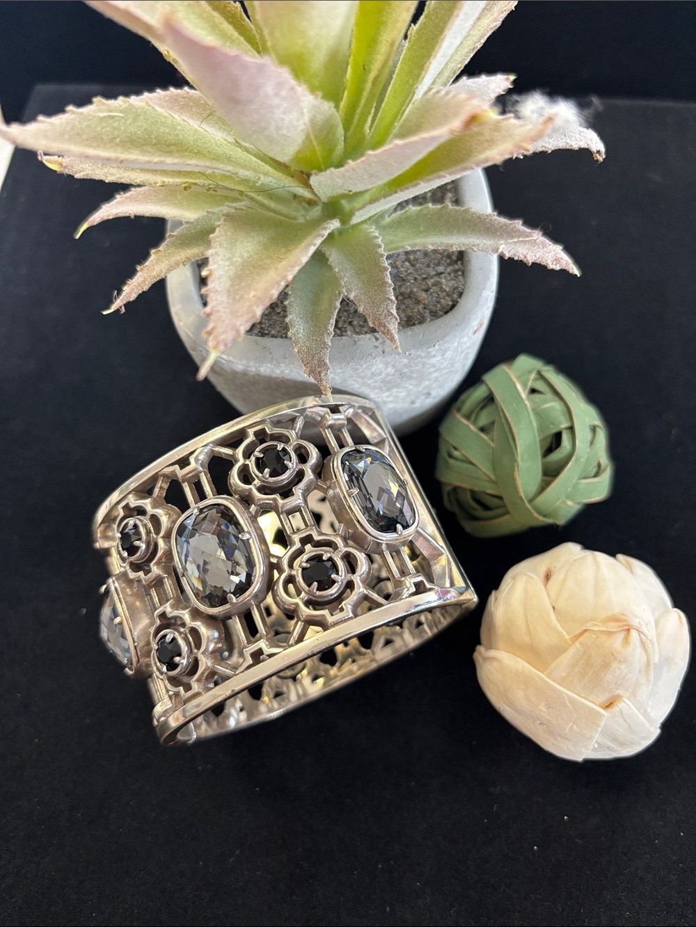 Brighton Silver-Tone Wide Filigree Cuff Bracelet with Gray Stones
